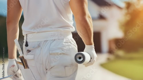A male painter stands with a paint roller, ready to begin painting the exterior of a contemporary house. The warm sunlight highlights the clean lines of the architecture and the fresh paint.