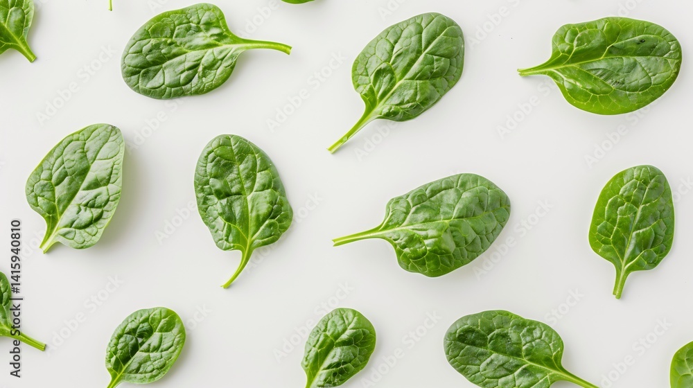 Vibrant green spinach leaves arranged flat a white surface high resolution stock photography for food and nutrition Vibrant green spinach leaves arranged flat a white surface high resolution stock photography for food and nutrition