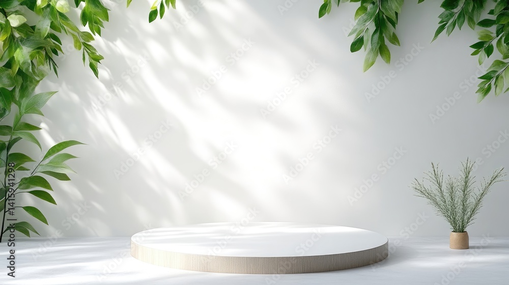 Minimalist, sunlit display podium with lush greenery Minimalist, sunlit display podium with lush greenery