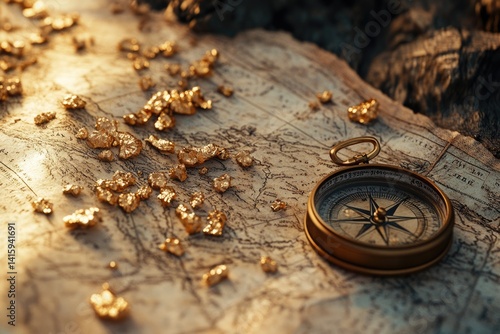 Antique compass and gold nuggets on a weathered treasure map, hinting at a hidden fortune.
