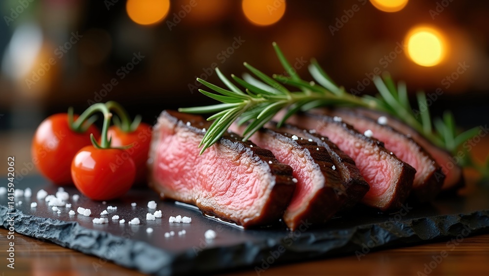 Sliced medium-rare steak garnished with rosemary and served with cherry tomatoes on a slate plate