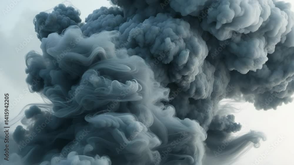 A thick, dark gray smoke plume ascending and swirling against a white background A thick, dark gray smoke plume ascending and swirling against a white background