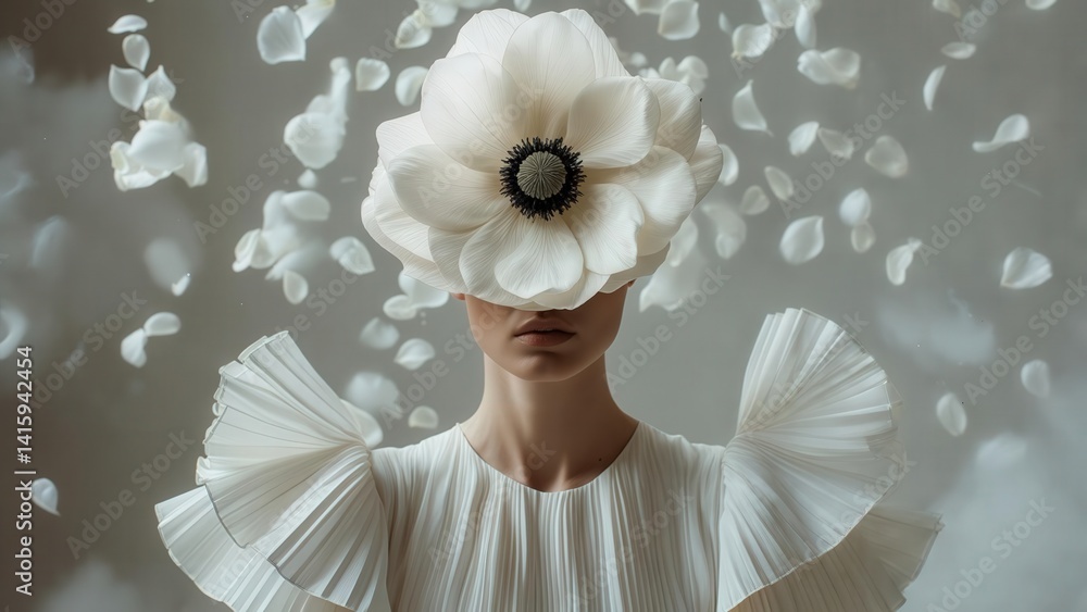 Woman in white dress with large white flower covering face surrounded by falling petals in soft light