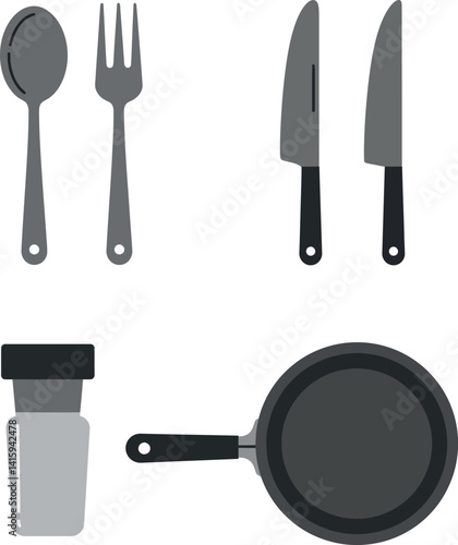 Kitchen utensils set with spoon fork knives salt shaker and frying pan flat design vector illustration