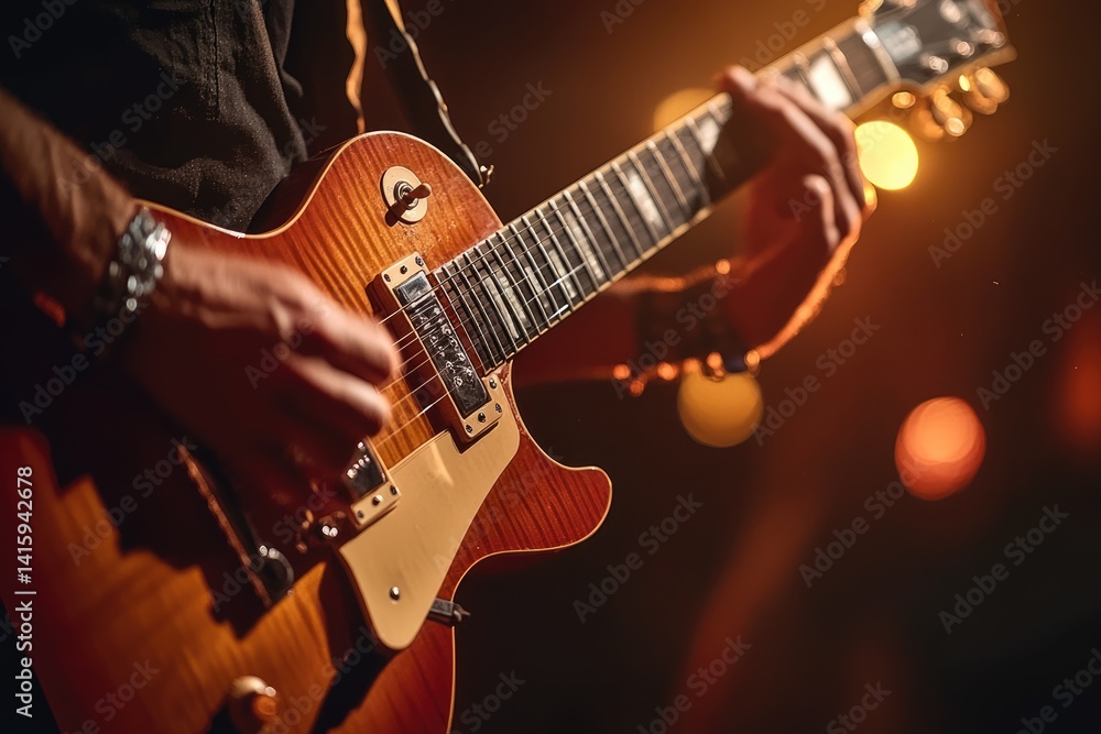 Obraz premium Close-up of a guitarist's hands playing a sunburst electric guitar on stage during a performance.