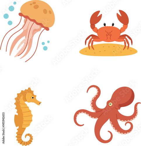 Colorful marine animals including jellyfish crab seahorse and octopus flat minimal vector illustration