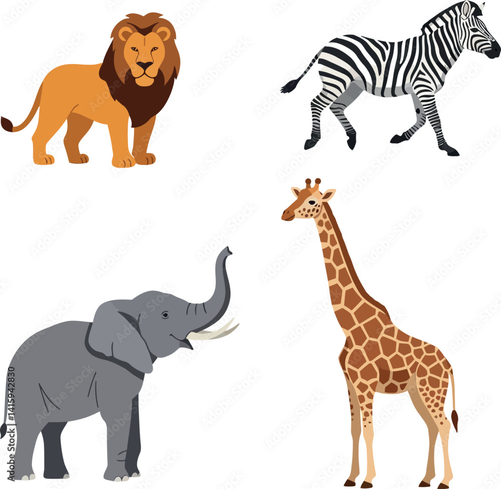 African safari animals including lion, zebra, elephant, and giraffe in flat design vector illustration African safari animals including lion, zebra, elephant, and giraffe in flat design vector illustration