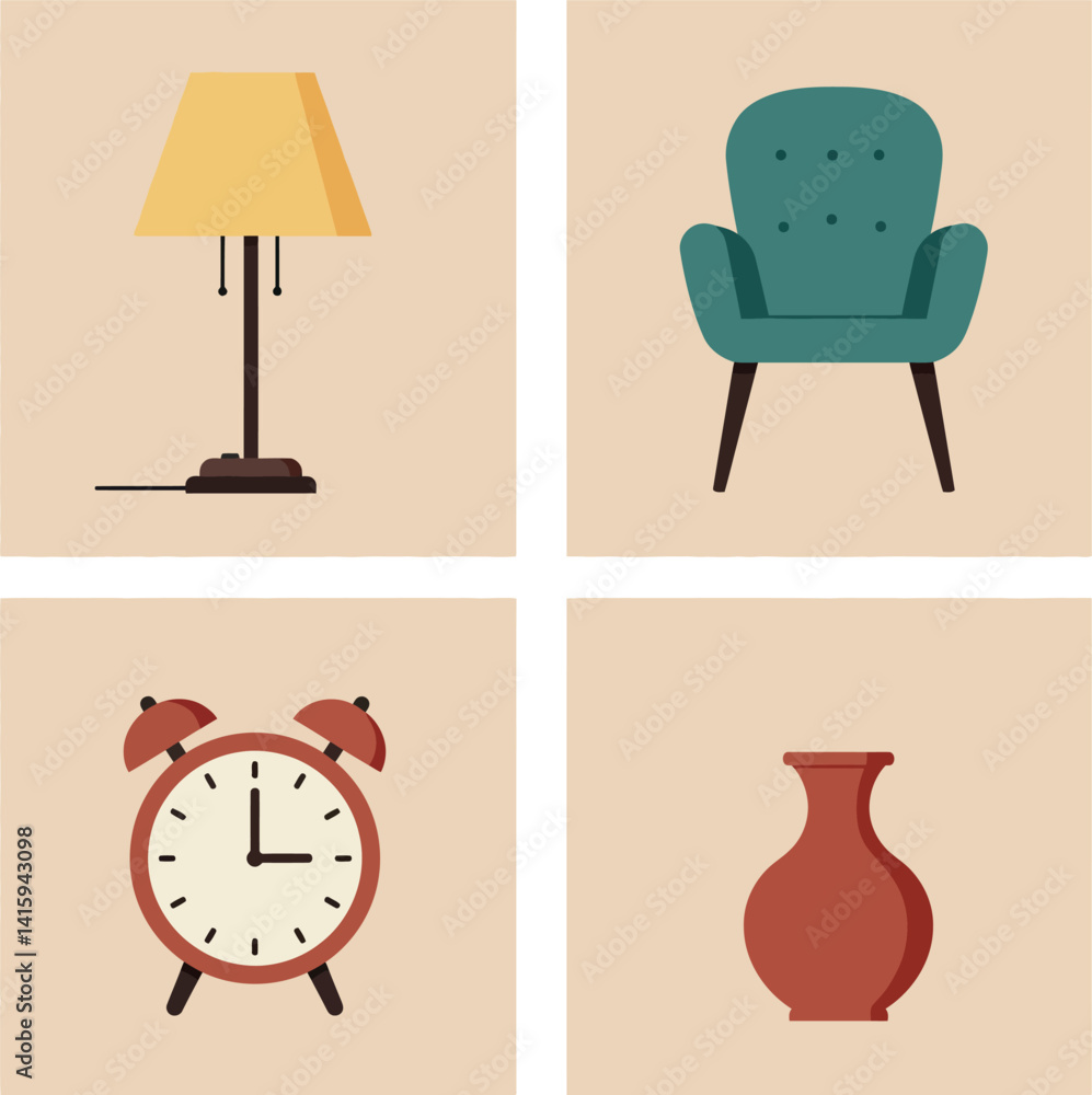 Fototapeta premium Home decor objects flat style including yellow lamp green armchair clock and red vase vector illustration
