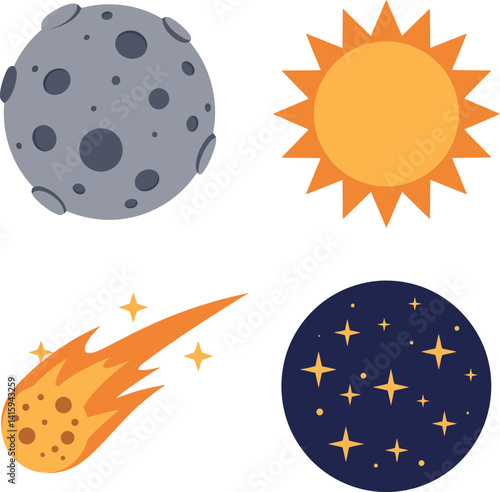 Celestial objects including moon sun comet and starry sky in flat colorful vector illustration