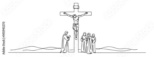 Monoline Crucifixion Scene with Mourners – Minimal Biblical Vector