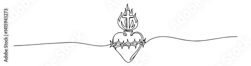 symbolic sacred heart with crown of thorns and flame, religious line art vector