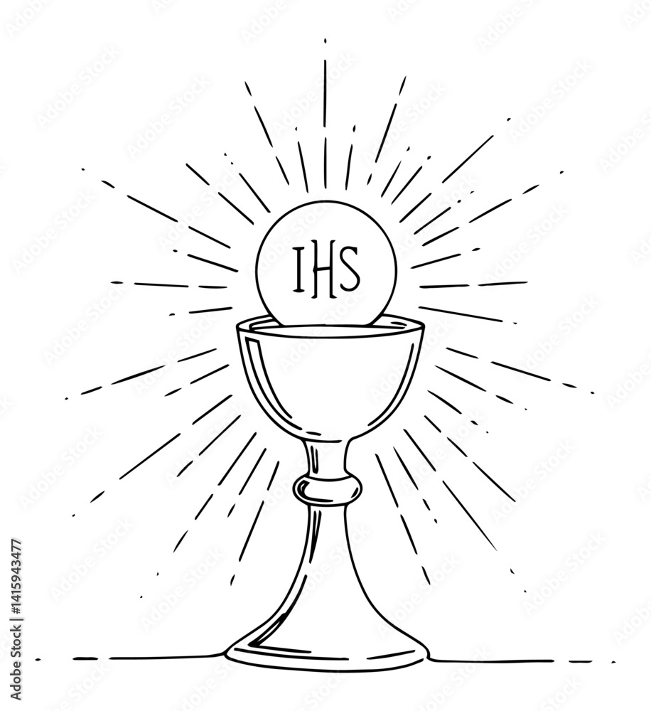 line art vector of eucharistic chalice and host with rays, catholic religious symbol sketch
