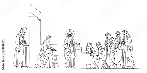 detailed line art vector of jesus and apostles during the last supper, religious symbolic scene