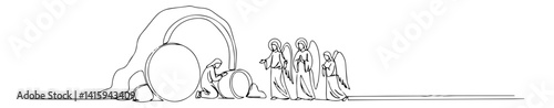 continuous line vector of women at jesus' empty tomb, easter resurrection illustration