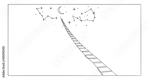 surreal vector of ladder reaching stars and moon, symbolic dreamlike line art illustration