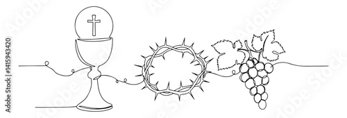 minimalist vector of eucharist chalice, crown of thorns and grapes in continuous line art style