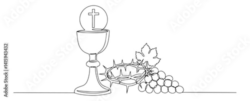 continuous line vector of chalice, crown of thorns and grapes, catholic communion symbol