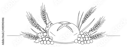 hand drawn vector of bread with wheat, symbolic of harvest and christian communion