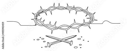 minimalist vector of crown of thorns and crucifixion nails, religious line art drawing