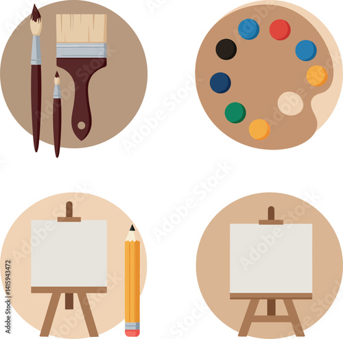 Artistic painting tools with brushes palette easel and pencil in flat design vector illustration