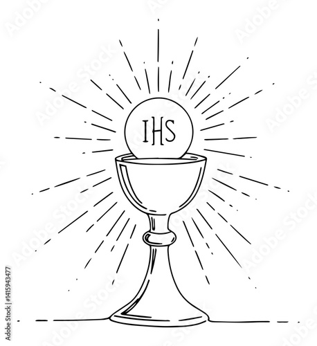line art vector of eucharistic chalice and host with rays, catholic religious symbol sketch