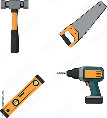Set of construction hand tools including hammer saw level and electric drill flat design vector illustration