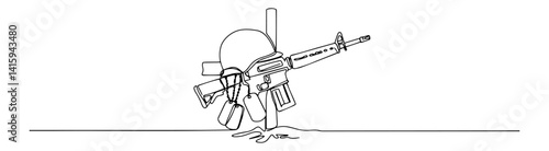 vector sketch of battlefield cross with helmet, rifle and boots, military memorial line art