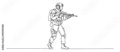 hand drawn vector of soldier with rifle in combat pose, modern infantry line illustration