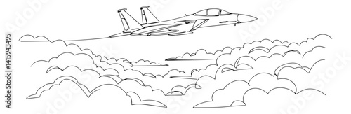 hand drawn vector of fighter jet soaring above clouds, minimalist military aviation sketch