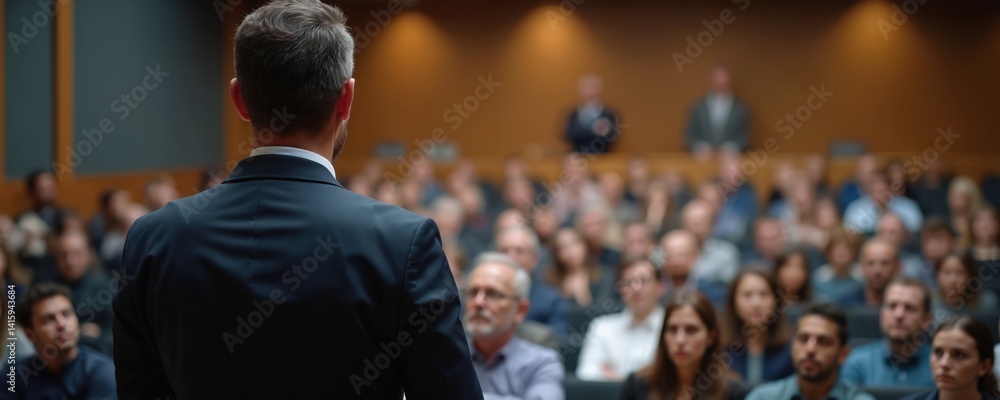Speaker delivers speech at business training seminar. Audience listens attentively in auditorium. Corporate event, pro development at symposium. People learning. Manager explains project, shares tech Speaker delivers speech at business training seminar. Audience listens attentively in auditorium. Corporate event, pro development at symposium. People learning. Manager explains project, shares tech