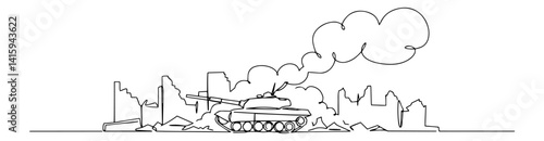 tank standing in ruined city landscape, outline war vector