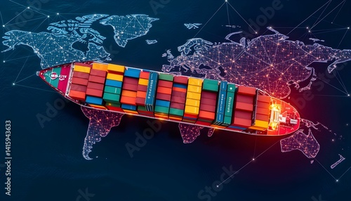 Global logistics network, container ship, world map illumination, digital connections, international trade routes, glowing data points, cargo transportation