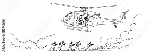 soldiers running under helicopter in combat zone, outline vector