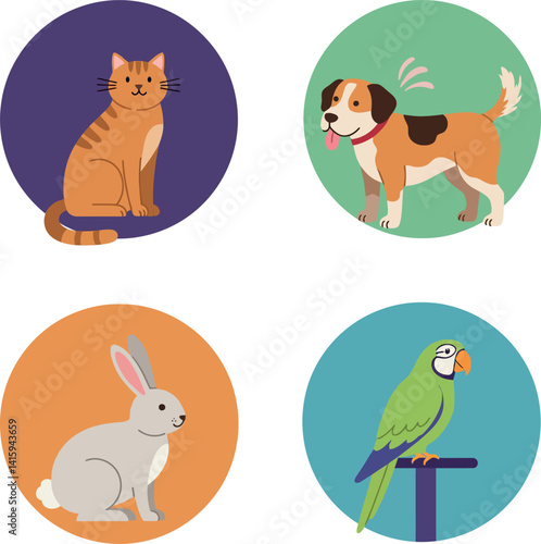 Four cute domestic animals including cat dog rabbit and parrot in colorful flat design vector illustration