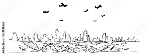 One line art of devastated city skyline in ruins while fighter jets roar overhead