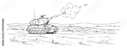 Continuous line illustration of self-propelled artillery vehicle firing high-calibre shell on range
