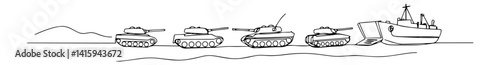 Single line illustration of amphibious tanks and landing craft crossing river for beach assault