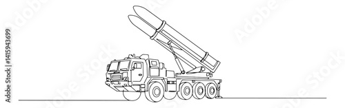 Single line illustration of multiple-launch rocket system truck elevating rockets for artillery barrage