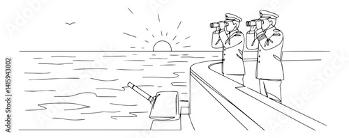One line drawing of naval officers scanning horizon with binoculars at sunrise from ship’s bow