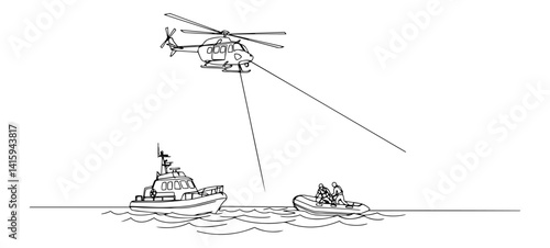 rescue helicopter and boats at sea, line style vector drawing