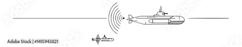 submarine scanning underwater object with sonar, outline vector