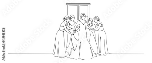 continuous line vector of a bride with bridesmaids helping her, wedding preparation moment
