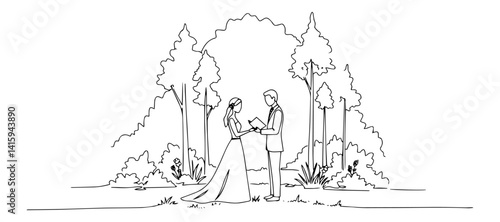 continuous line vector of bride and groom exchanging vows in forest, romantic outdoor wedding scene