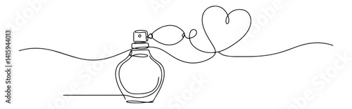 perfume bottle spraying heart, blackandwhite romantic line art vector, love and beauty theme
