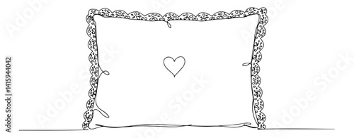 Minimal continuous line drawing of an elegant wedding ring pillow with lace border and heart motif