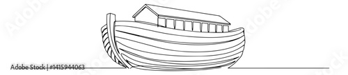 Continuous single line illustration of Noah’s Ark resting on calm waters after the biblical flood