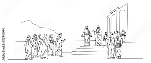 vector of jesus before pilate with people, minimalist biblical scene drawn in continuous line art style