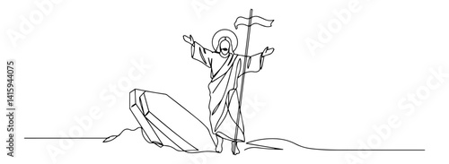 resurrected jesus with open tomb and victory flag, continuous line christian illustration