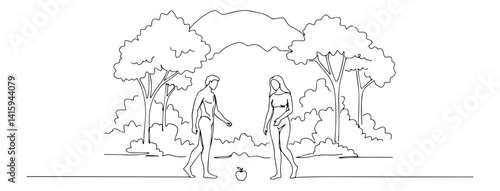 adam and eve in garden of eden, biblical creation scene in minimalist continuous line style