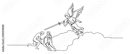 angel with sword expelling adam and eve from eden, biblical scene in continuous line style